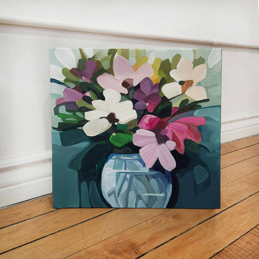 Modern floral painting with vibrant bouquet on rich teal background