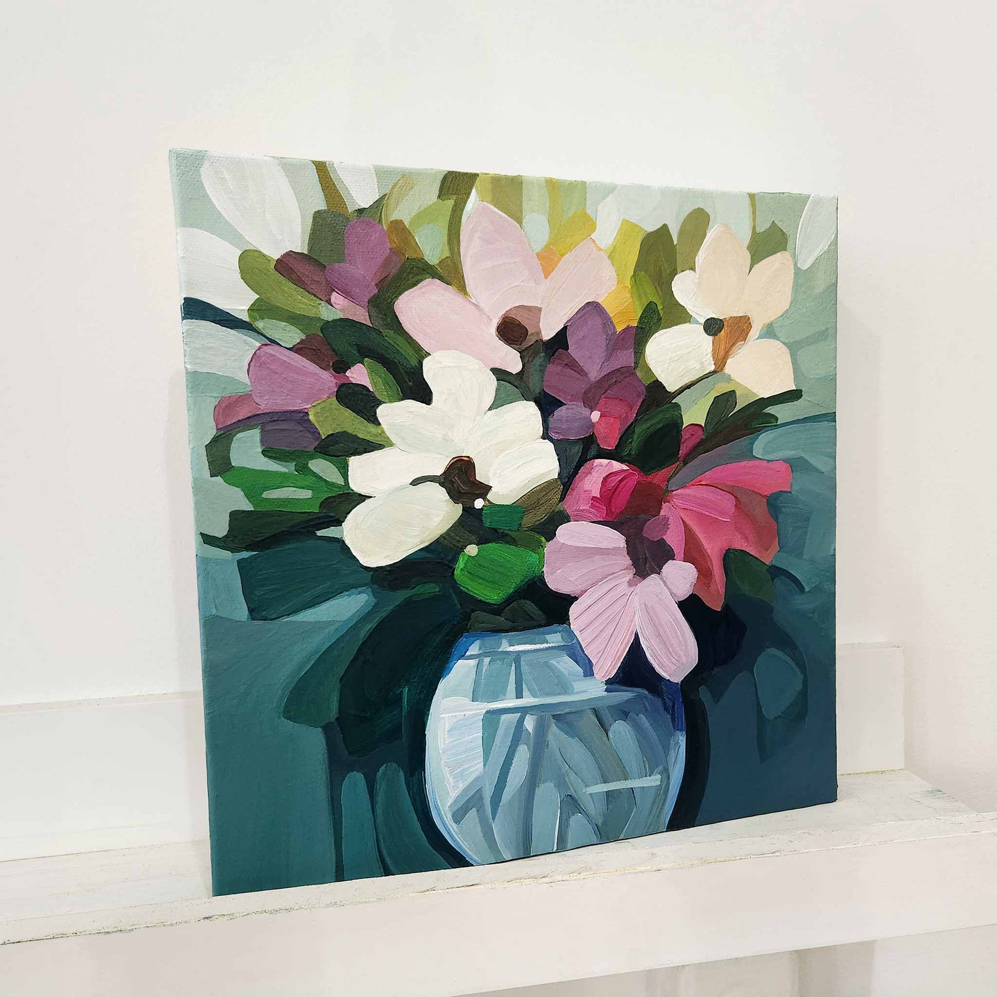 Original floral painting with colourful bouquet on rich teal background