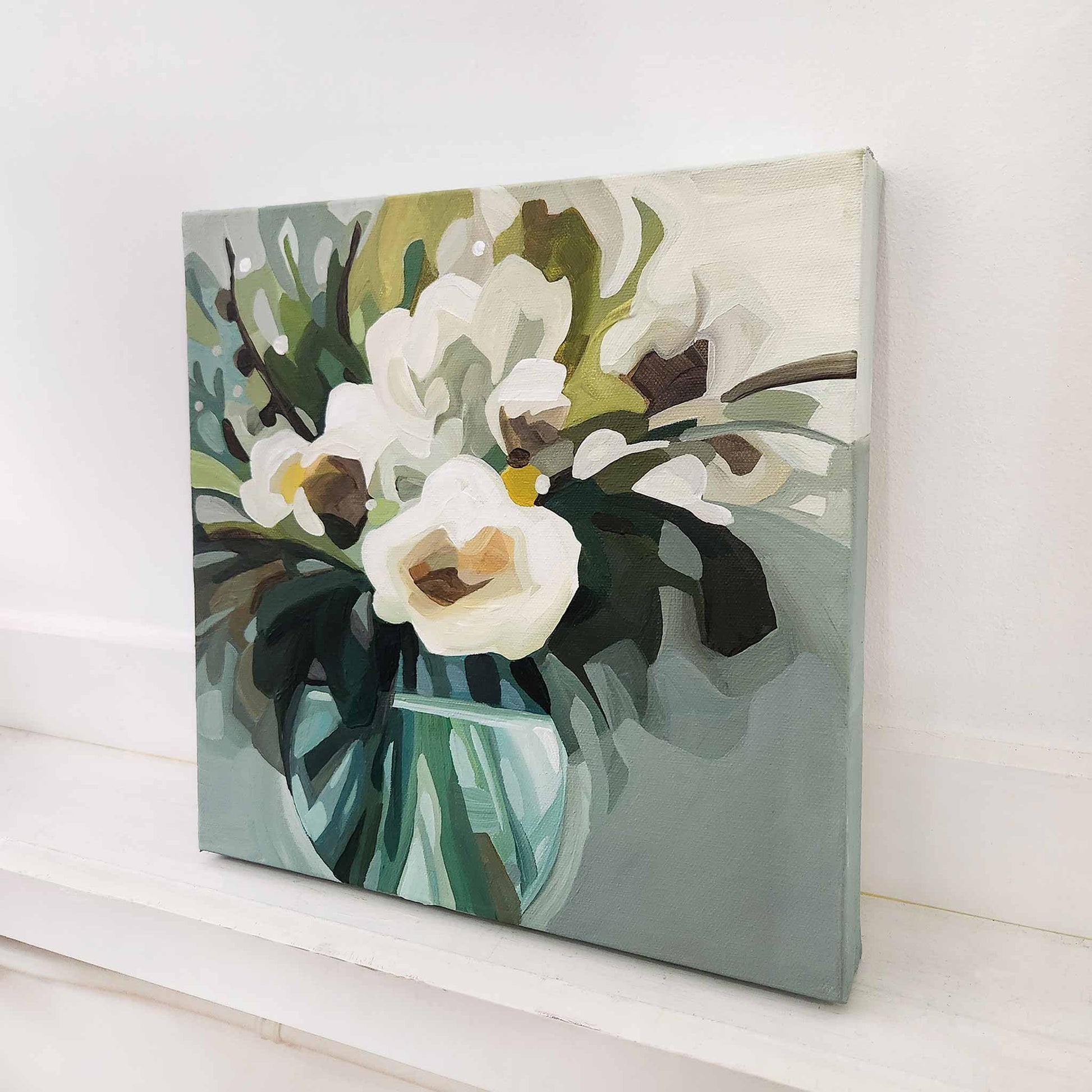 Contemporary floral canvas art with cream bouquet on grey green backdrop