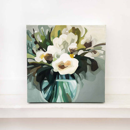 Cream contemporary floral painting on grey green background