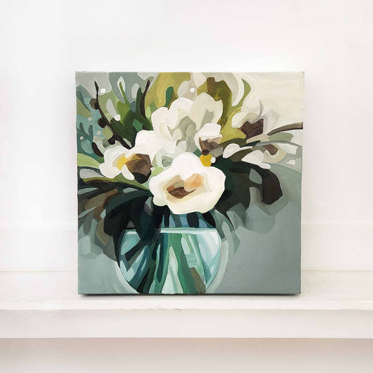 Cream contemporary floral painting on grey green background