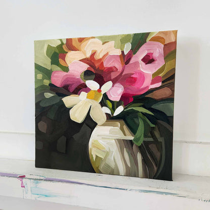 Contemporary flower artwork with soft peach blooms and earthy tones