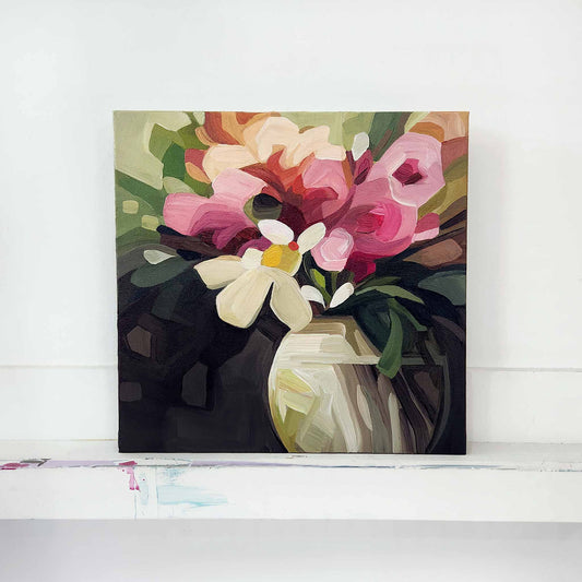 Abstract floral painting with peach pink flowers on green and brown background