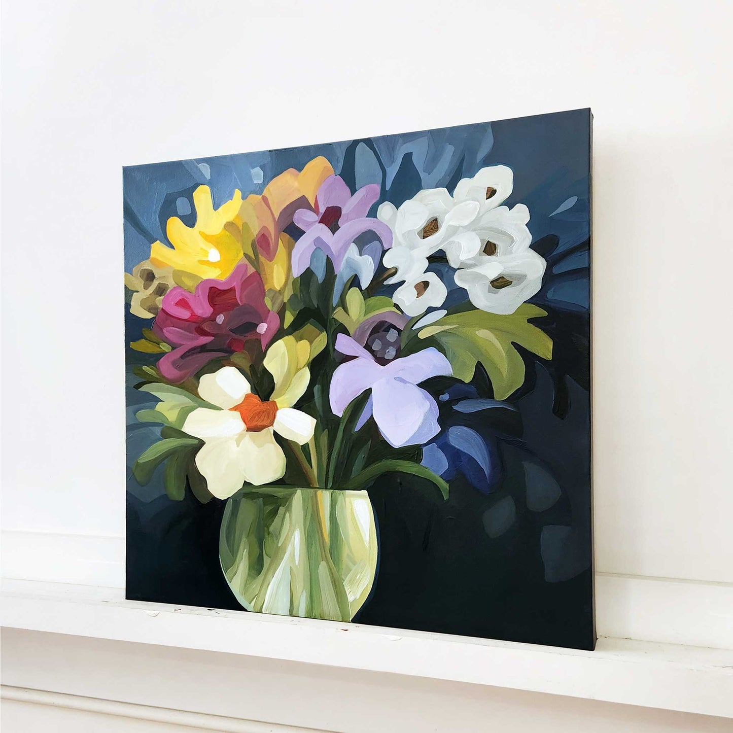 Abstract floral painting with deep blue shadows, purple blooms and a bright yellow crown