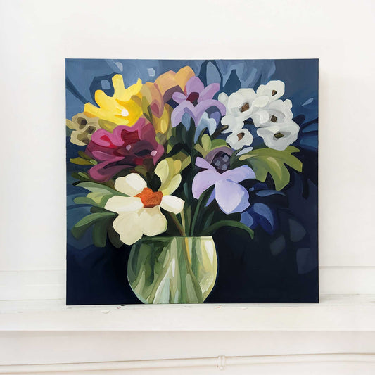 Abstract floral painting with deep blue tones, purple petals and yellow accents