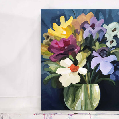 Original abstract floral artwork with bold blue tones, warm earthy colours and bright yellow detail