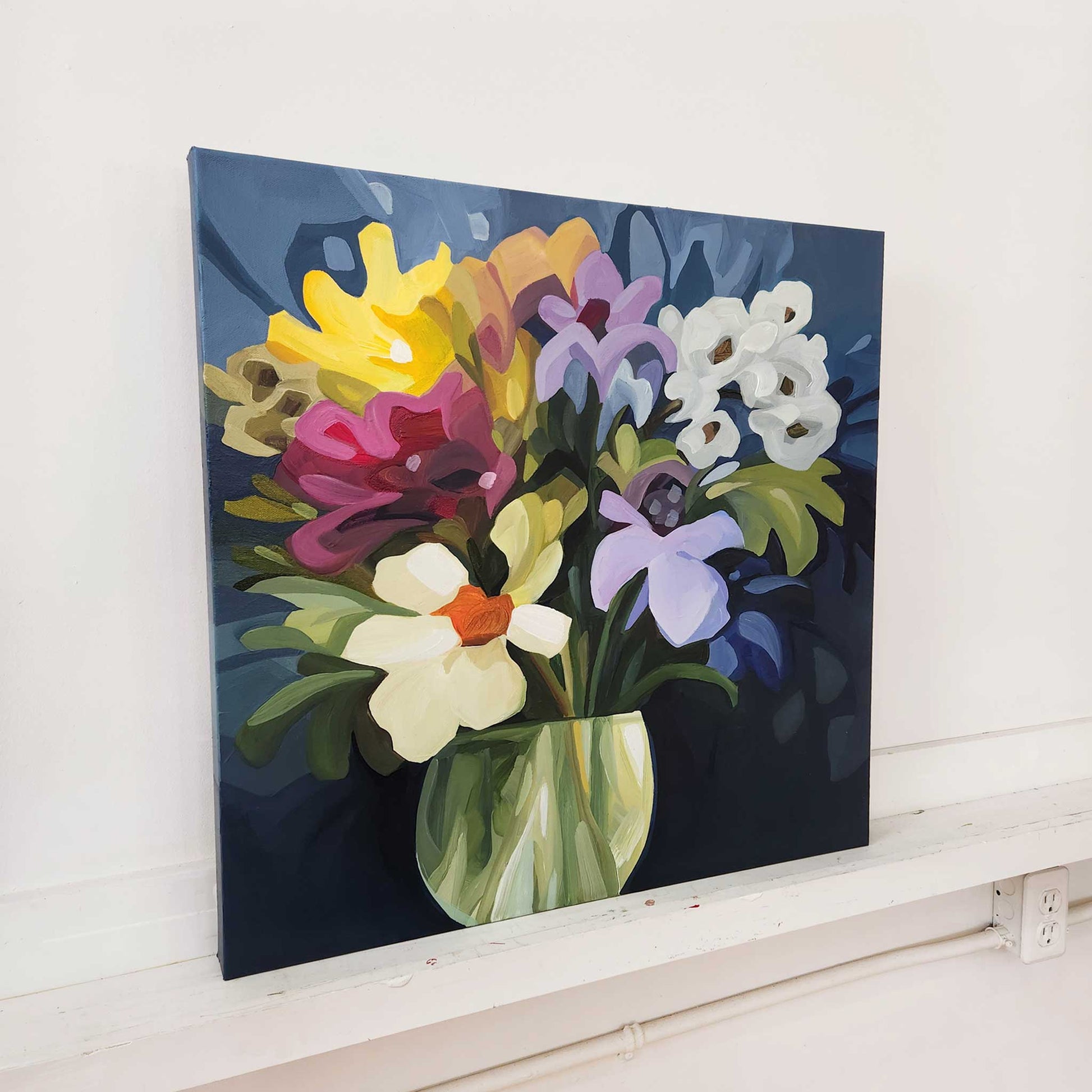 Abstract floral painting inspired by spring with deep blue, purple petals and yellow highlights