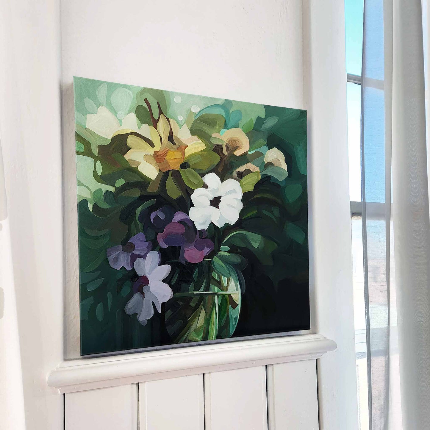 Rich green abstract floral artwork with flowing shapes and a gentle interplay of light and shadow