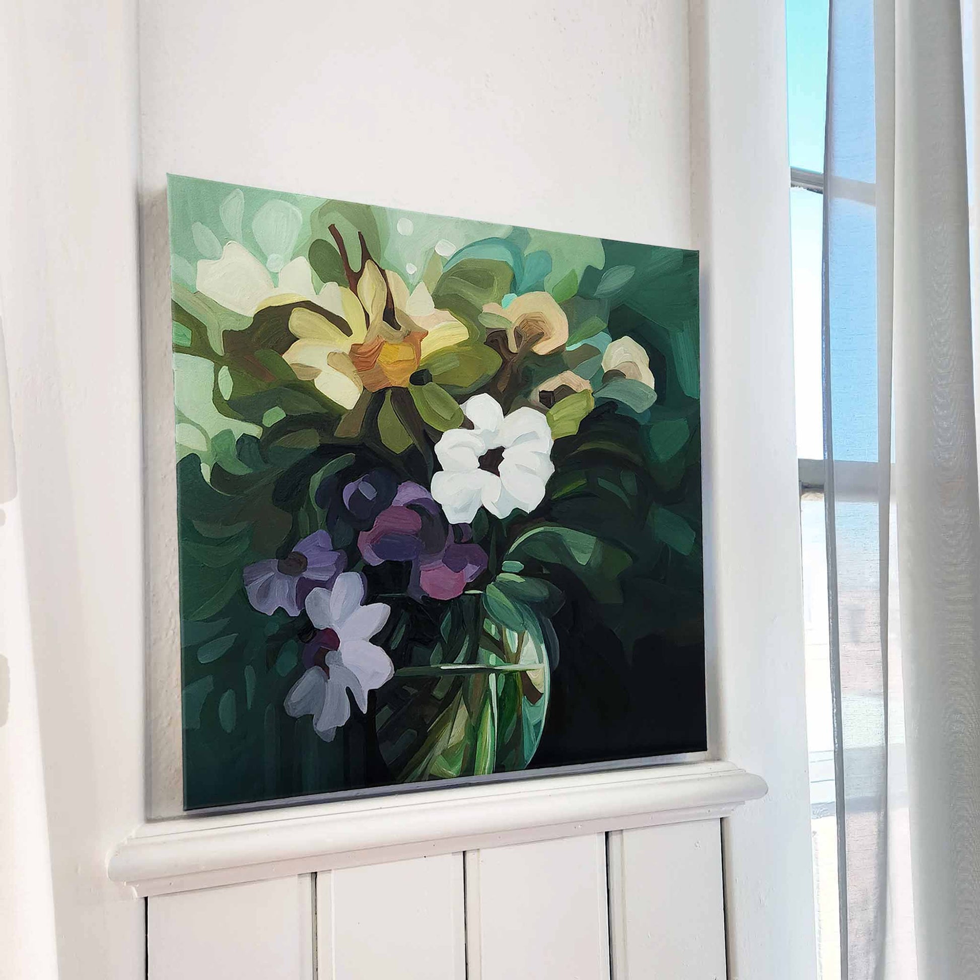 Rich green abstract floral artwork with flowing shapes and a gentle interplay of light and shadow