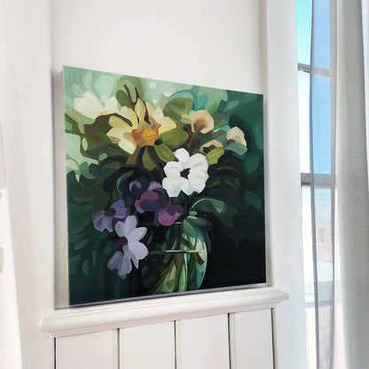 Rich green abstract floral artwork with flowing shapes and a gentle interplay of light and shadow