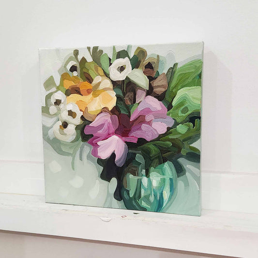 Abstract floral painting with pink, mauve and yellow flowers on soft green background