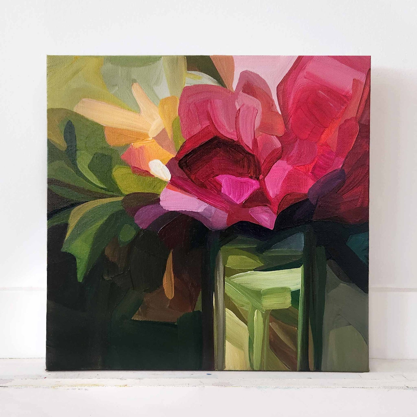 small abstract flower painting with red blooms