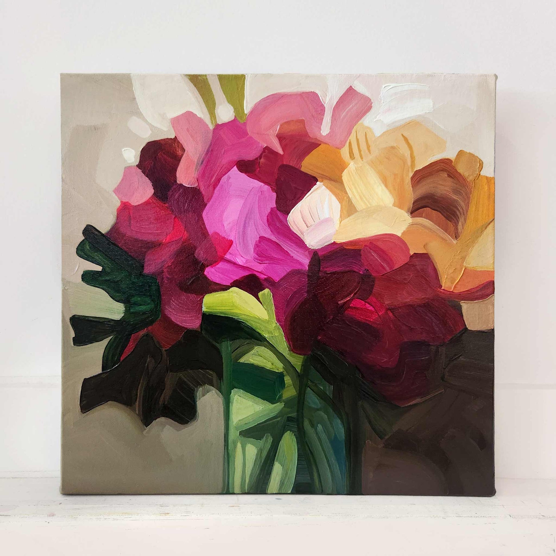 small modern floral painting with abstract pink flowers original acrylic painting on canvas