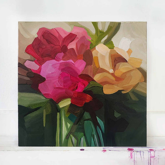 bright modern floral painting of magenta blooms