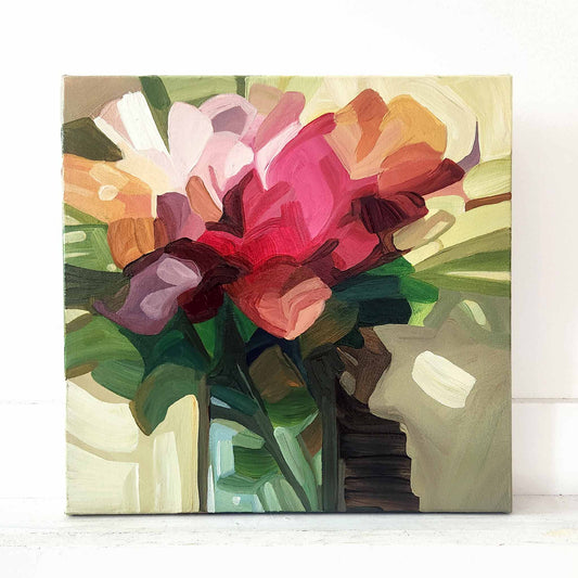 modern pink flower painting on sage geen canvas