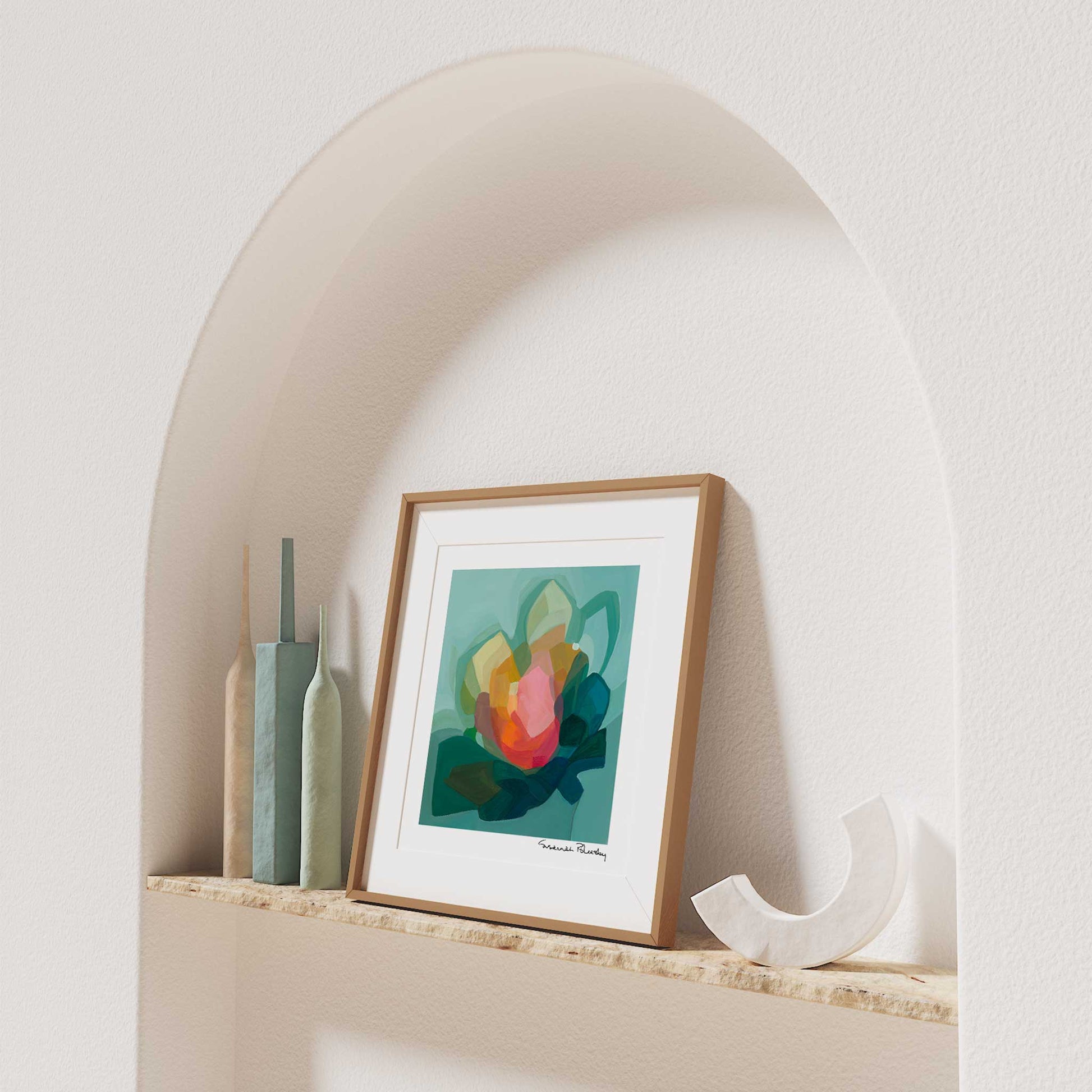 Framed abstract wall decor print in teal and peach tones