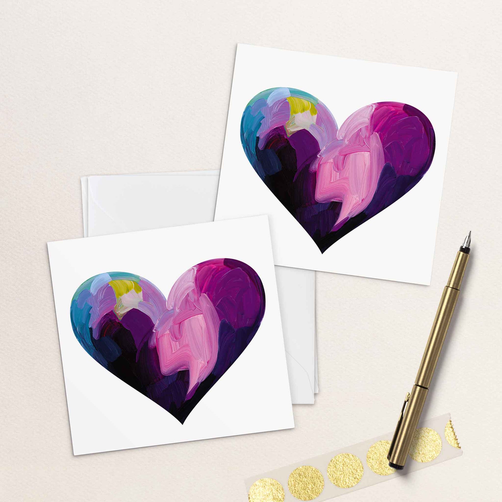 Abstract heart greeting cards with colourful contemporary romantic artwork