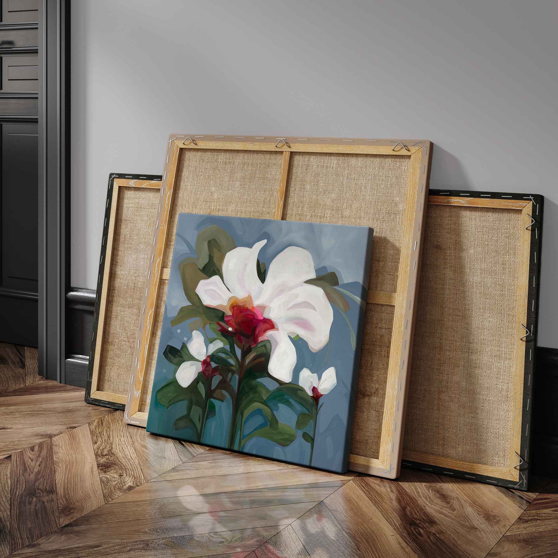 navy blue canvas wall art with modern flower painting