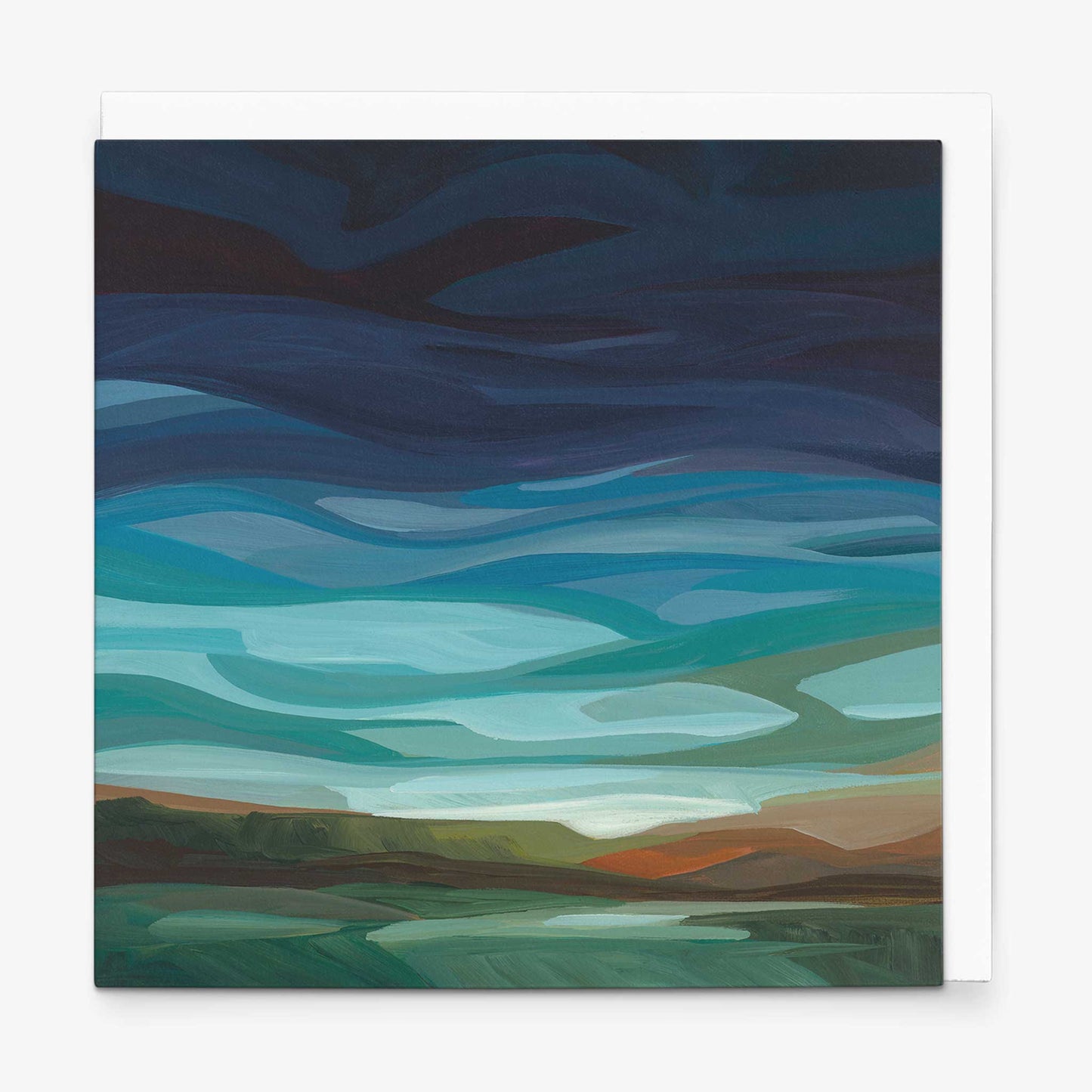 Contemporary twilight sky greeting card featuring luminous indigo clouds, glowing horizon light, and atmospheric evening landscape artwork