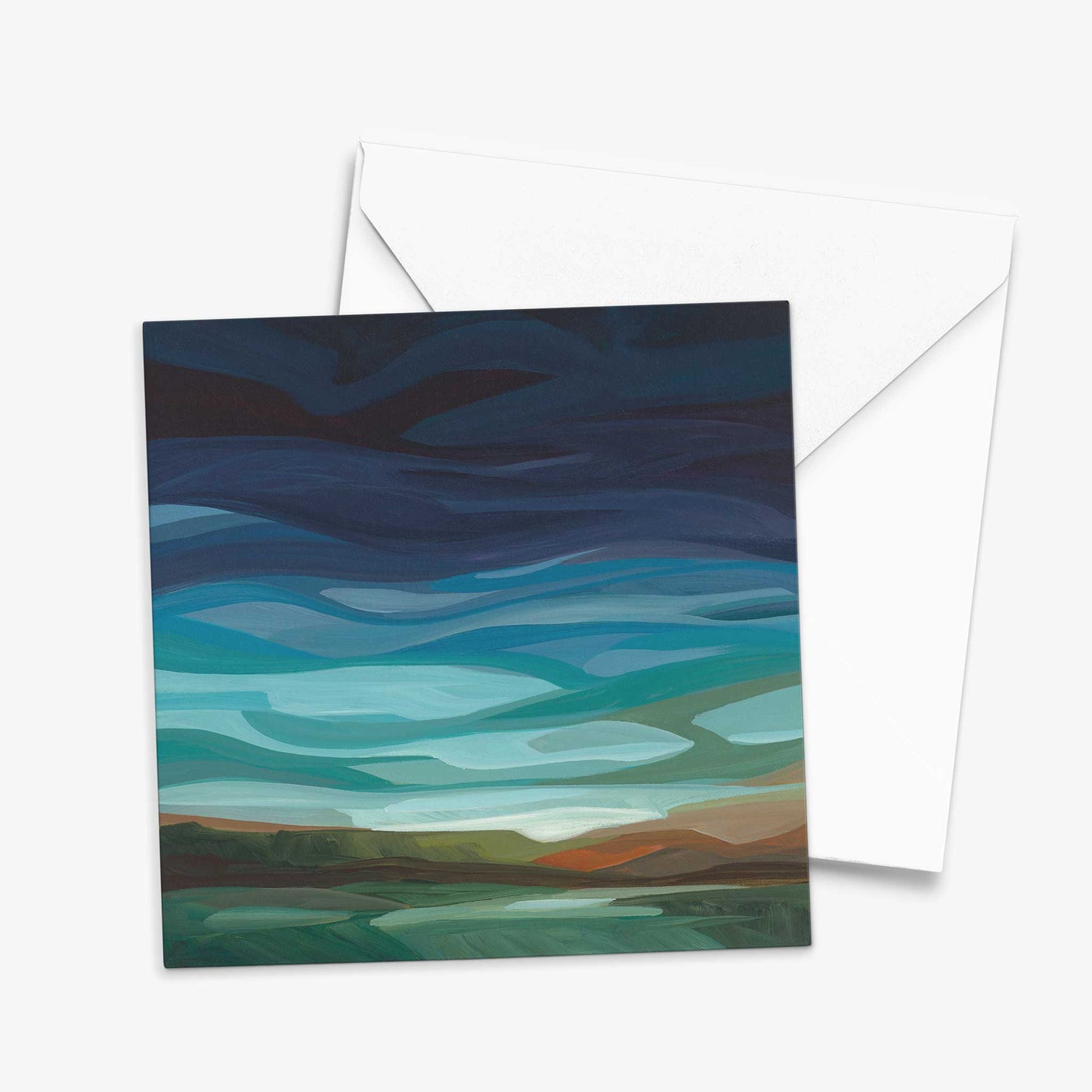 Atmospheric night landscape greeting card inspired by moonlit skies, expressive cloudscapes, and reflective twilight light