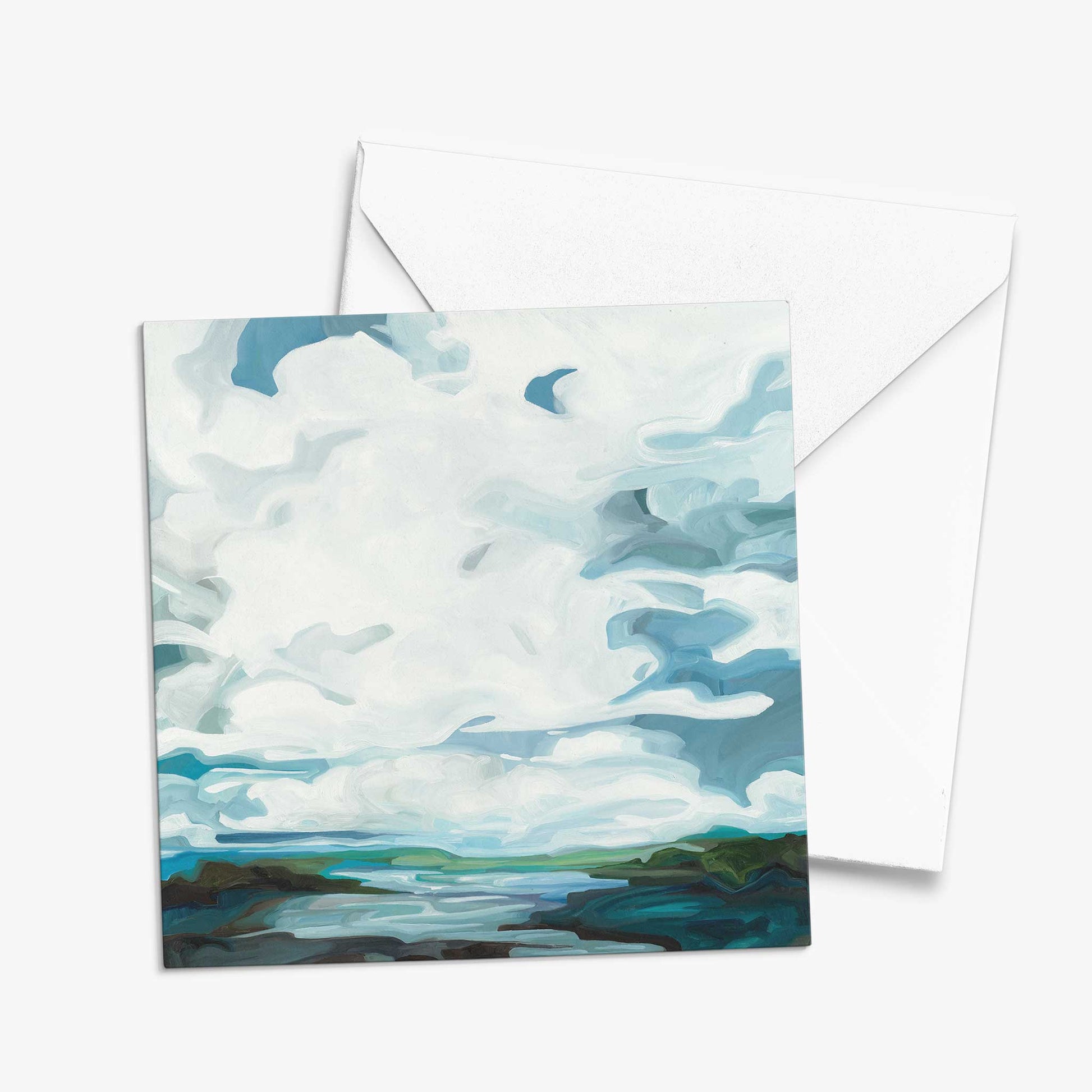 Seascape art greeting card inspired by calm ocean views, cloud-filled skies, rocky shoreline, and breezy coastal landscapes