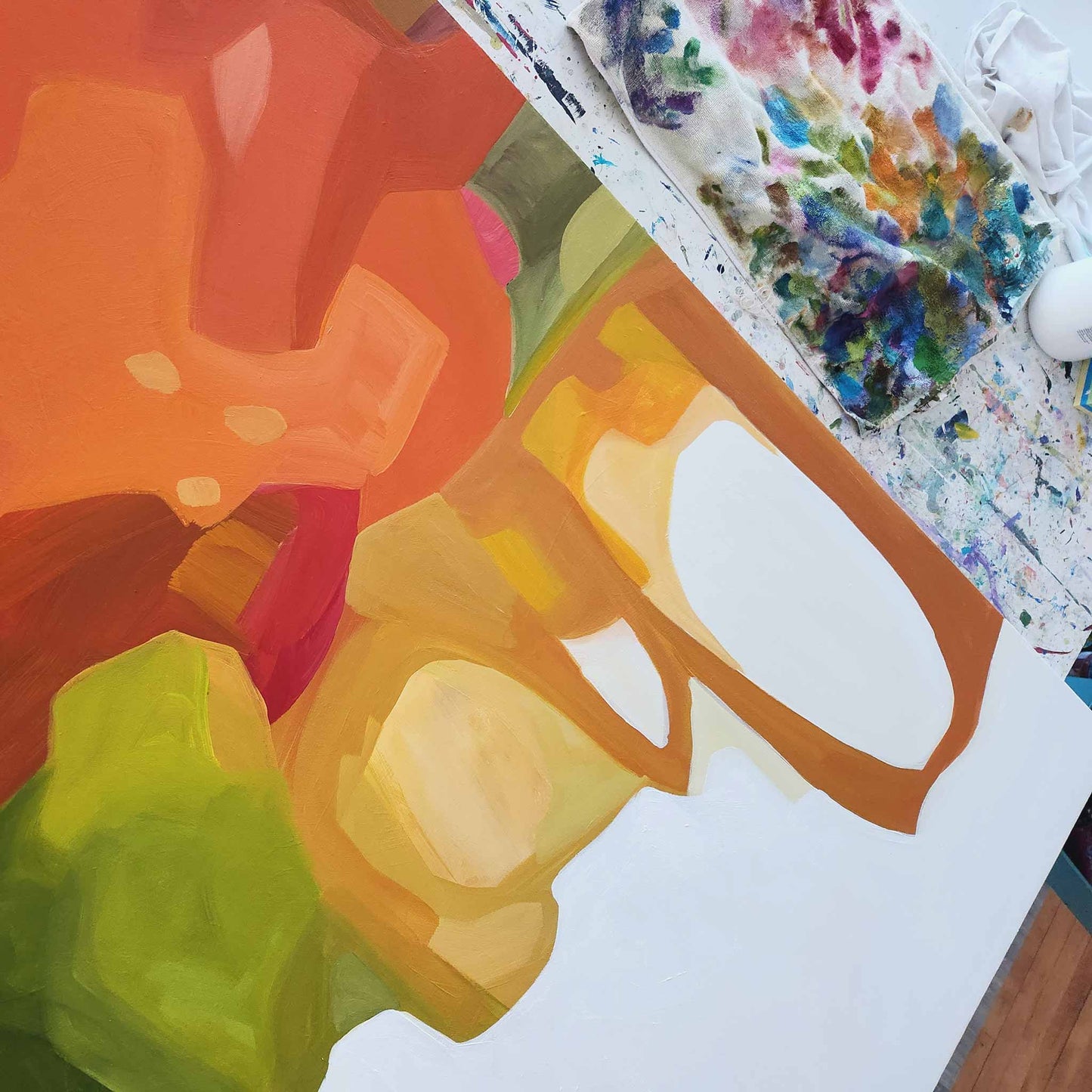 close up of orange abstract acrylic painting citrus by Canadian abstract artist Susannah Bleasby