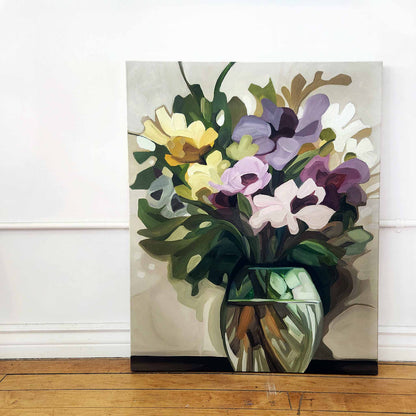 Original abstract floral painting with earthy palette and expressive brushwork