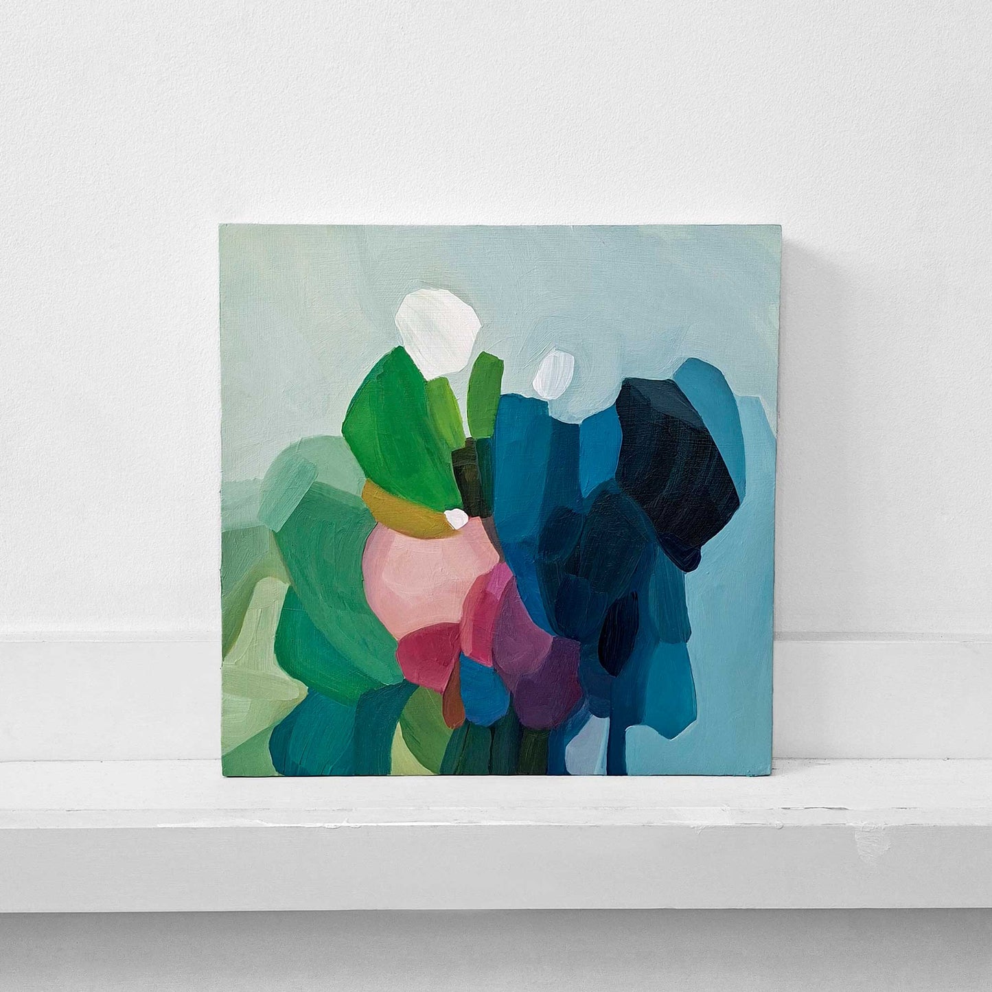 blue and green abstract oil painting with distinctive shapes