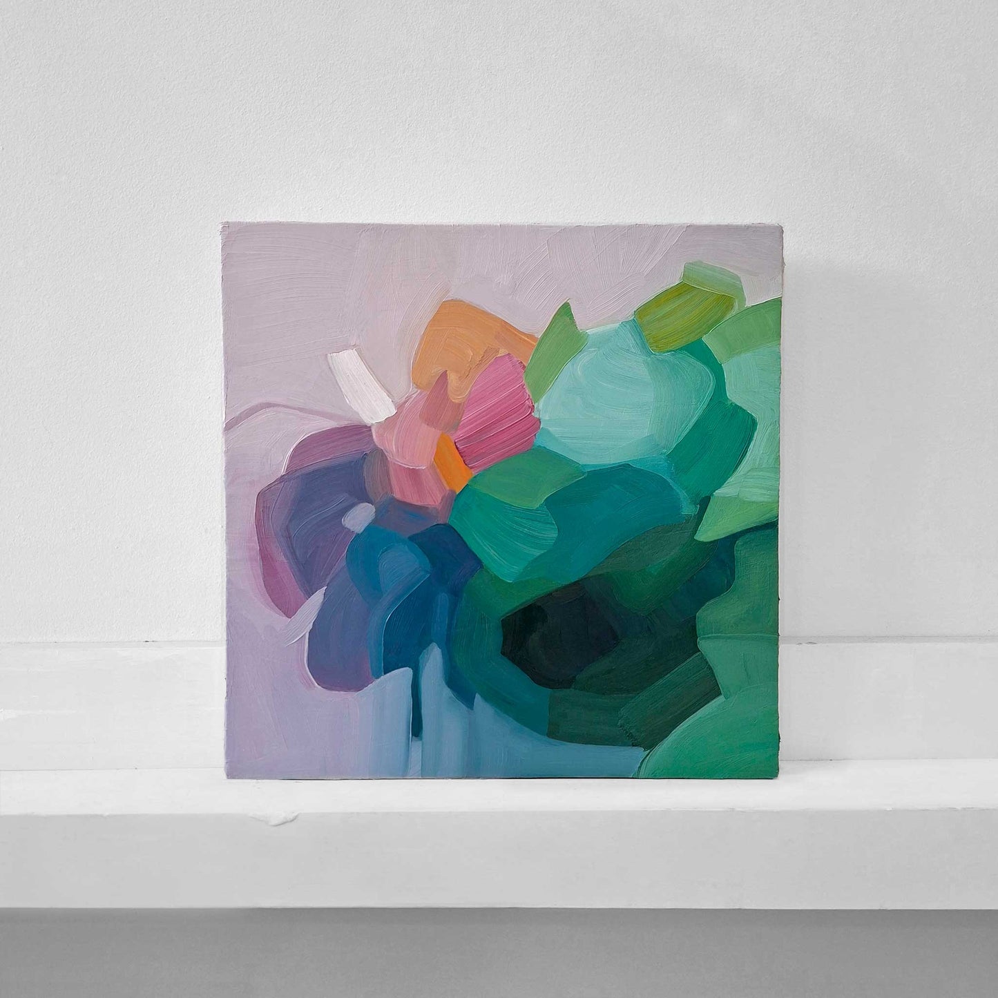 abstract oil painting with mauve and teal floral design