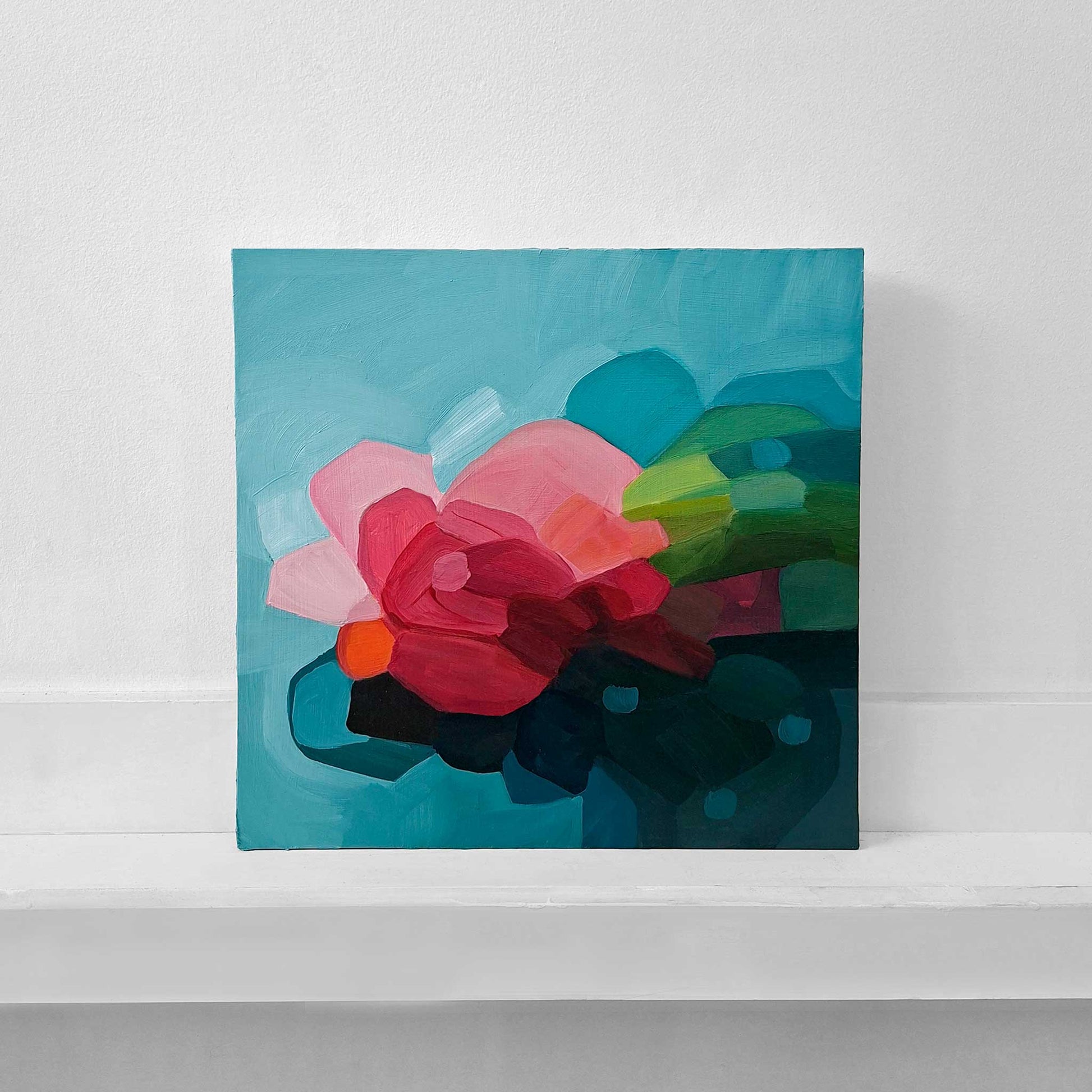 teal and pink abstract floral painting