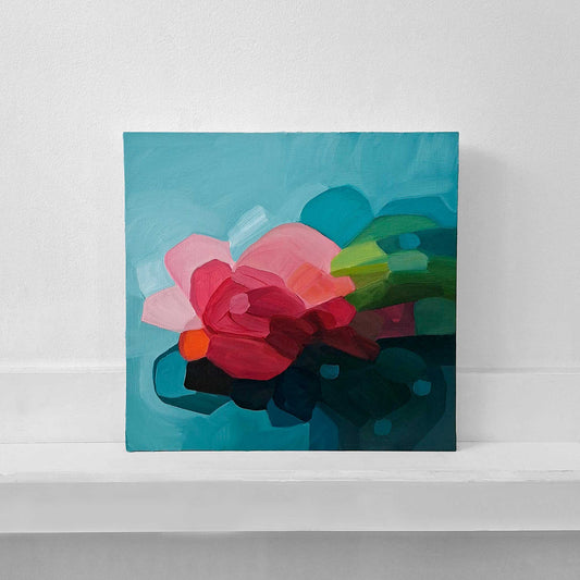 teal and pink abstract floral painting