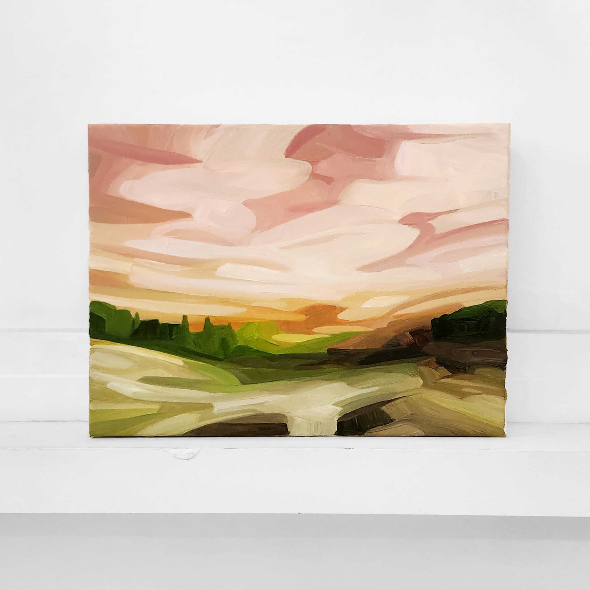 contemporary abstract landscape oil painting with peach sky