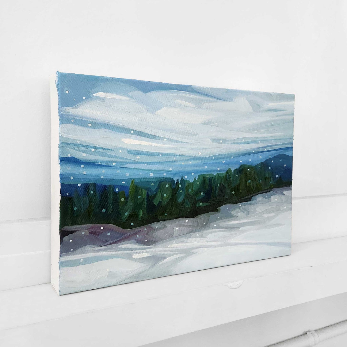 Original oil painting of a tranquil winter landscape in a snowy winter sky