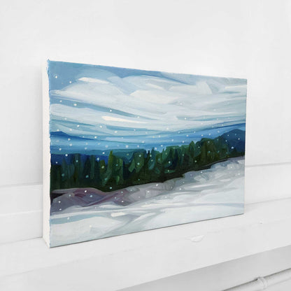 Original oil painting of a tranquil winter landscape in a snowy winter sky