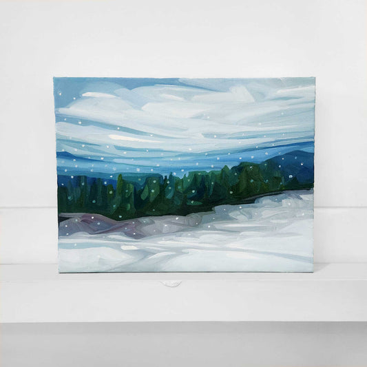 Contemporary winter forest landscape oil painting with snowflakes, snowy fields and soft light.