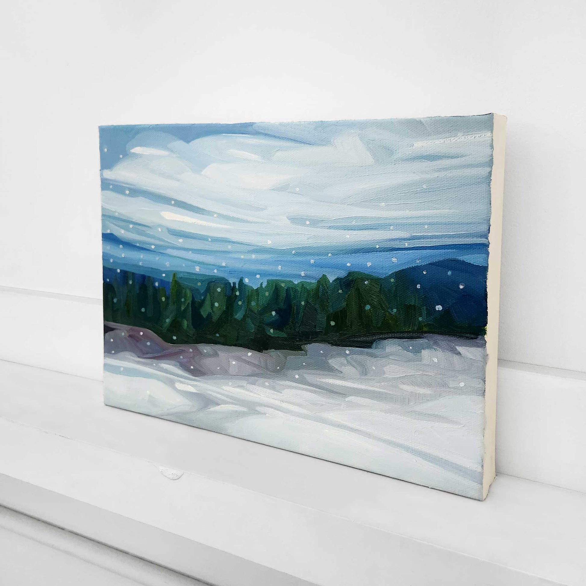 Original winter countryside painting capturing the calm of a snowfall.