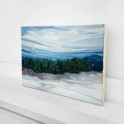 Original winter countryside painting capturing the calm of a snowfall.