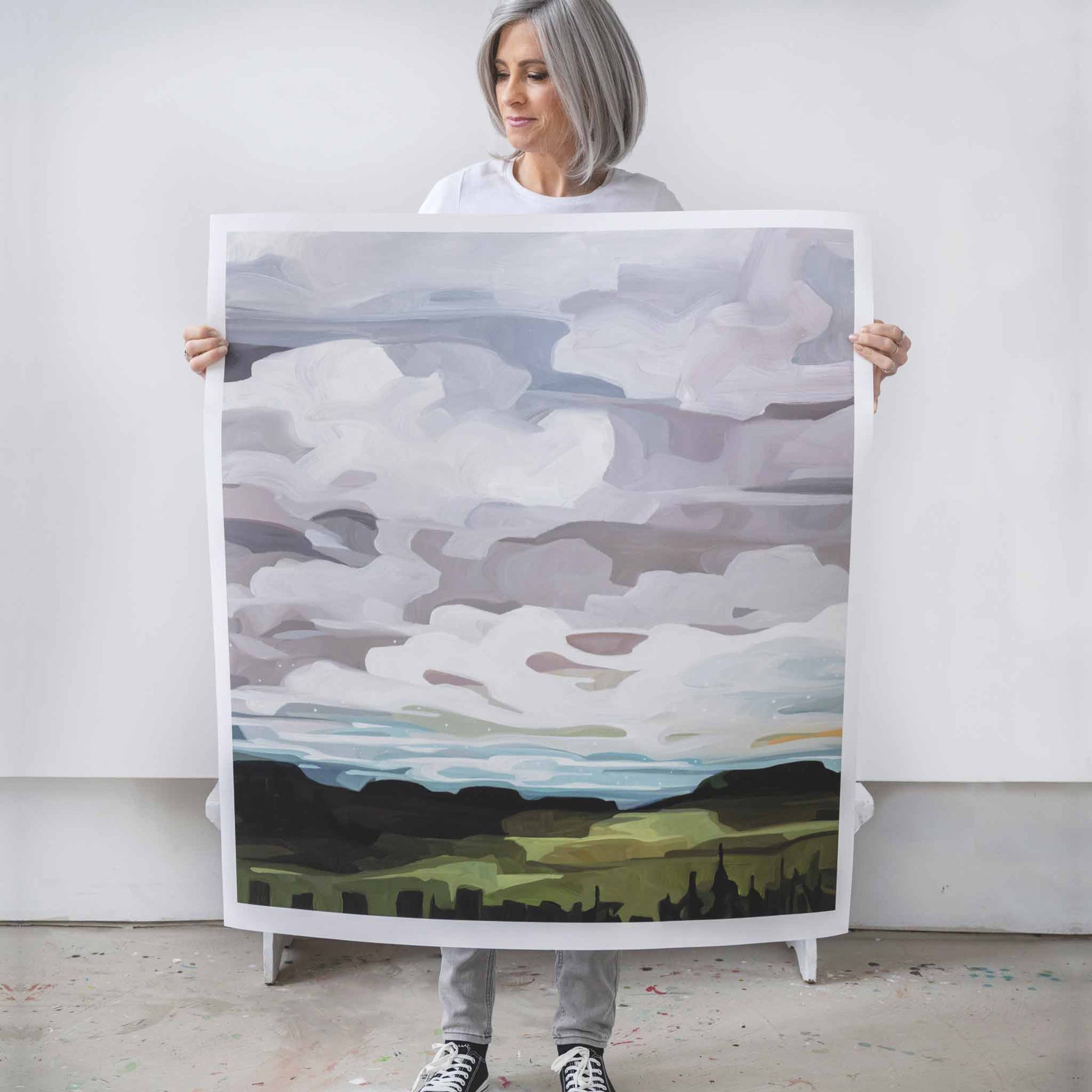 oversized wall art print of grey abstract landscape