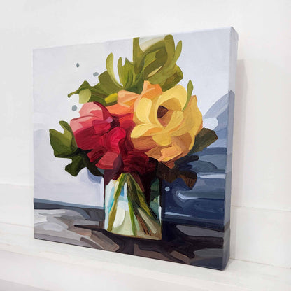 small abstract painting of red and yellow flowers in a vase