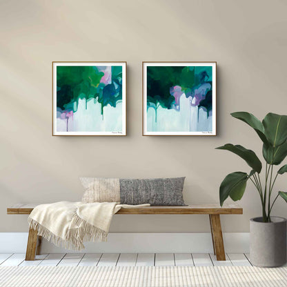 wall art set of two large acrylic abstract art prints over bench