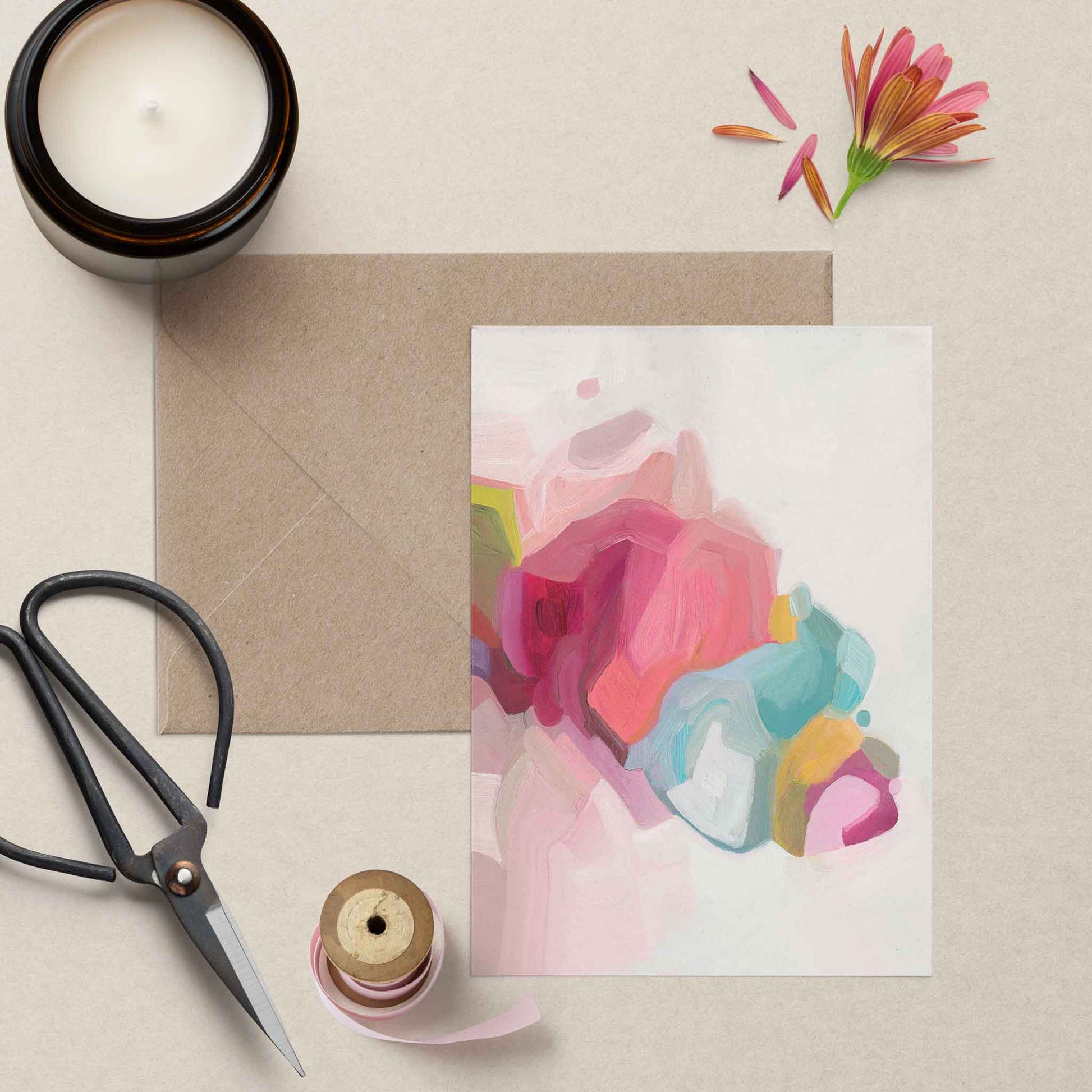blank art card with pastel abstract artwork and kraft envelope
