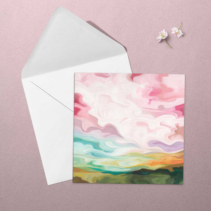 Pastel sky art greeting card with expressive cloud formations, soft sunrise colours, and uplifting abstract landscape painting