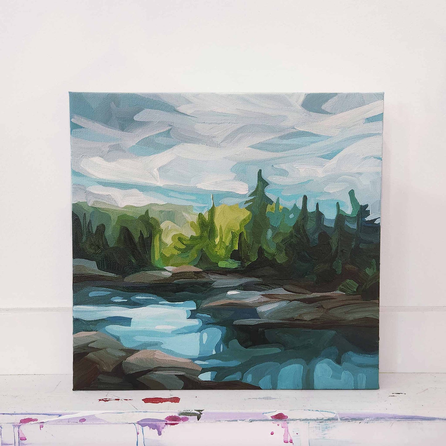 Abstract lake landscape painting inspired by a peaceful warm day in nature