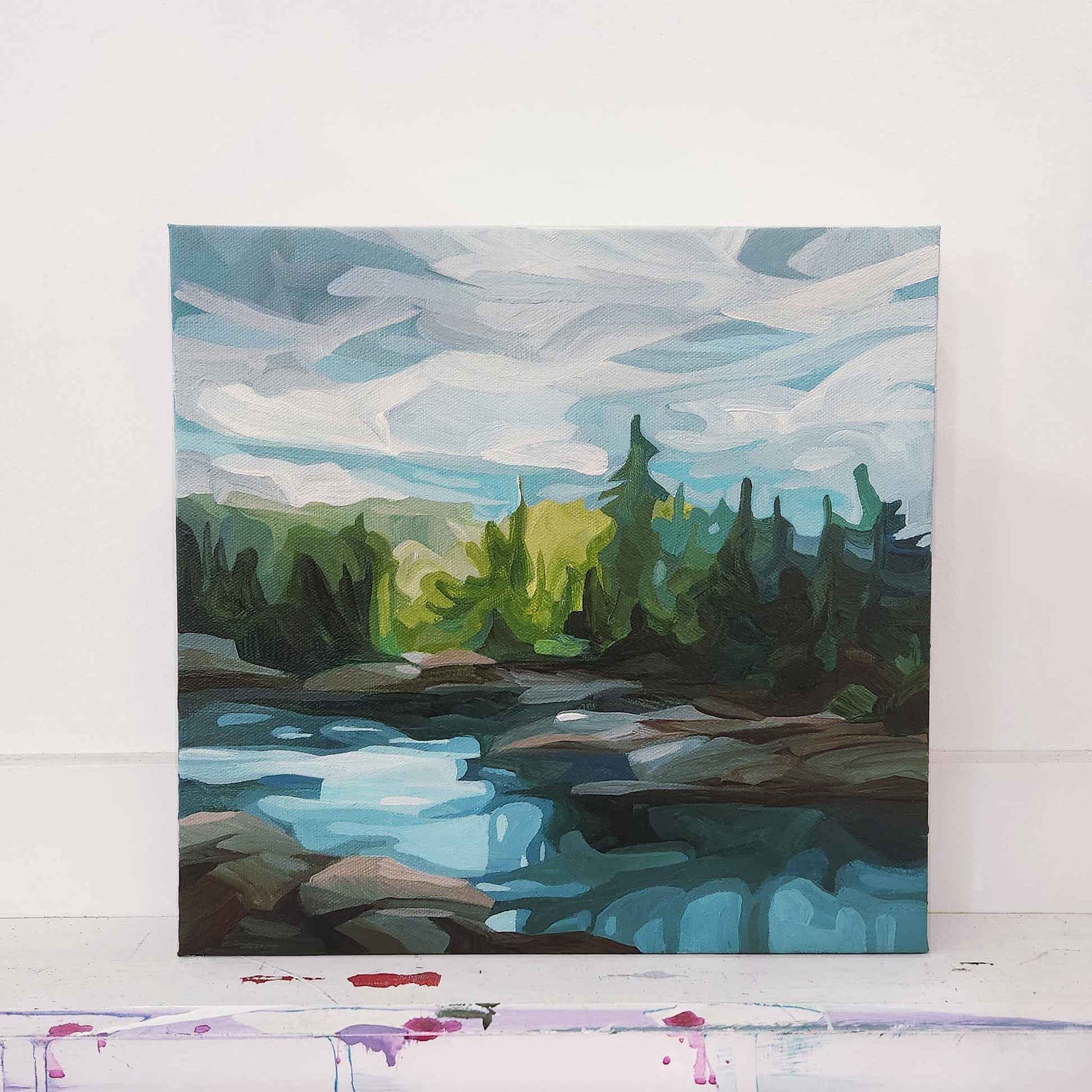 Abstract lake landscape painting inspired by a peaceful warm day in nature
