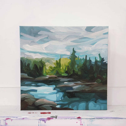 Abstract lake landscape painting inspired by a peaceful warm day in nature