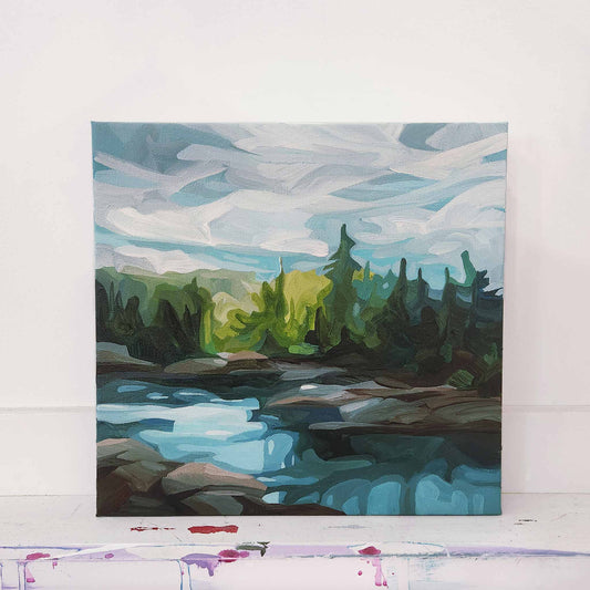 Abstract lake landscape painting inspired by a peaceful warm day in nature