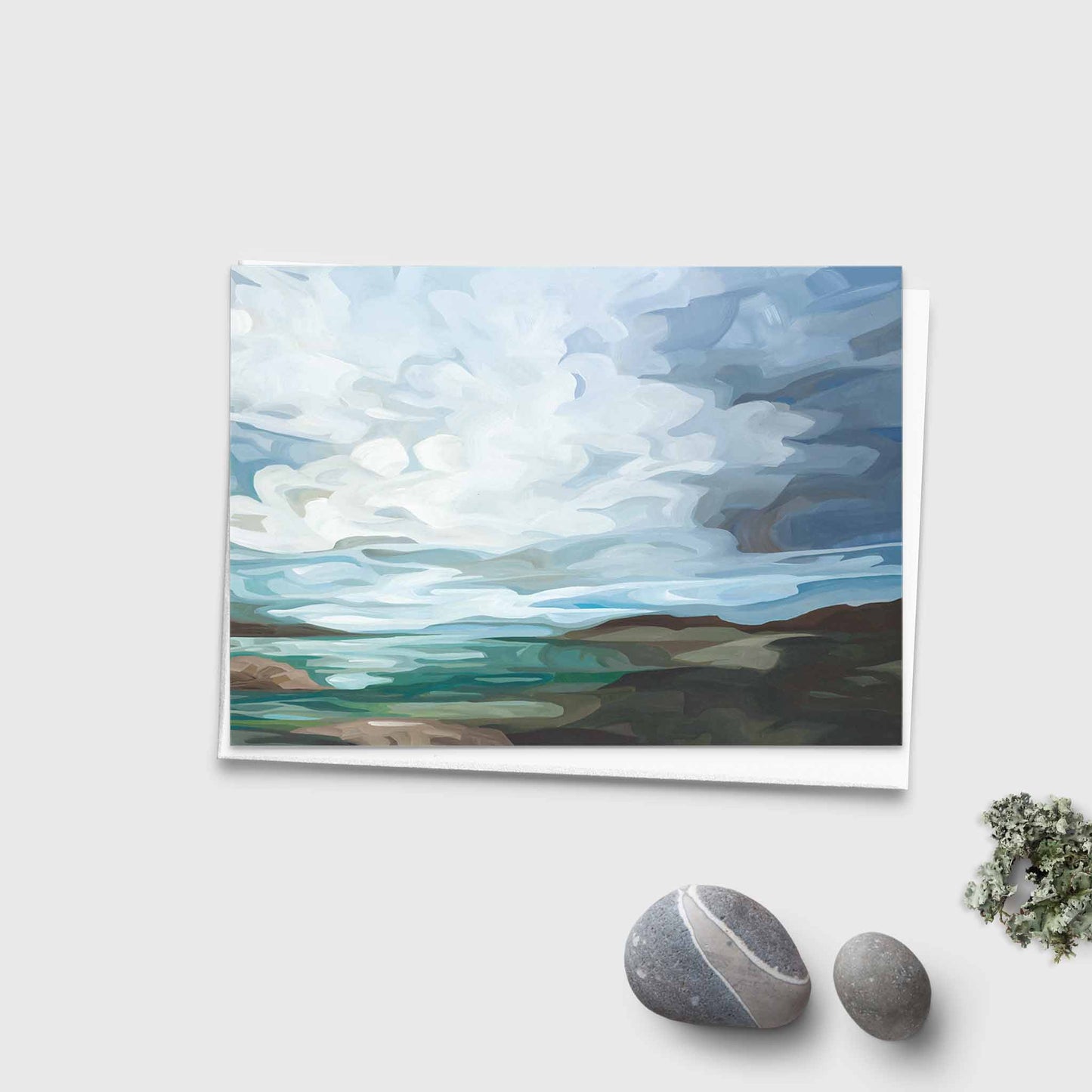 Coastal landscape art card with salt marsh and calm sky