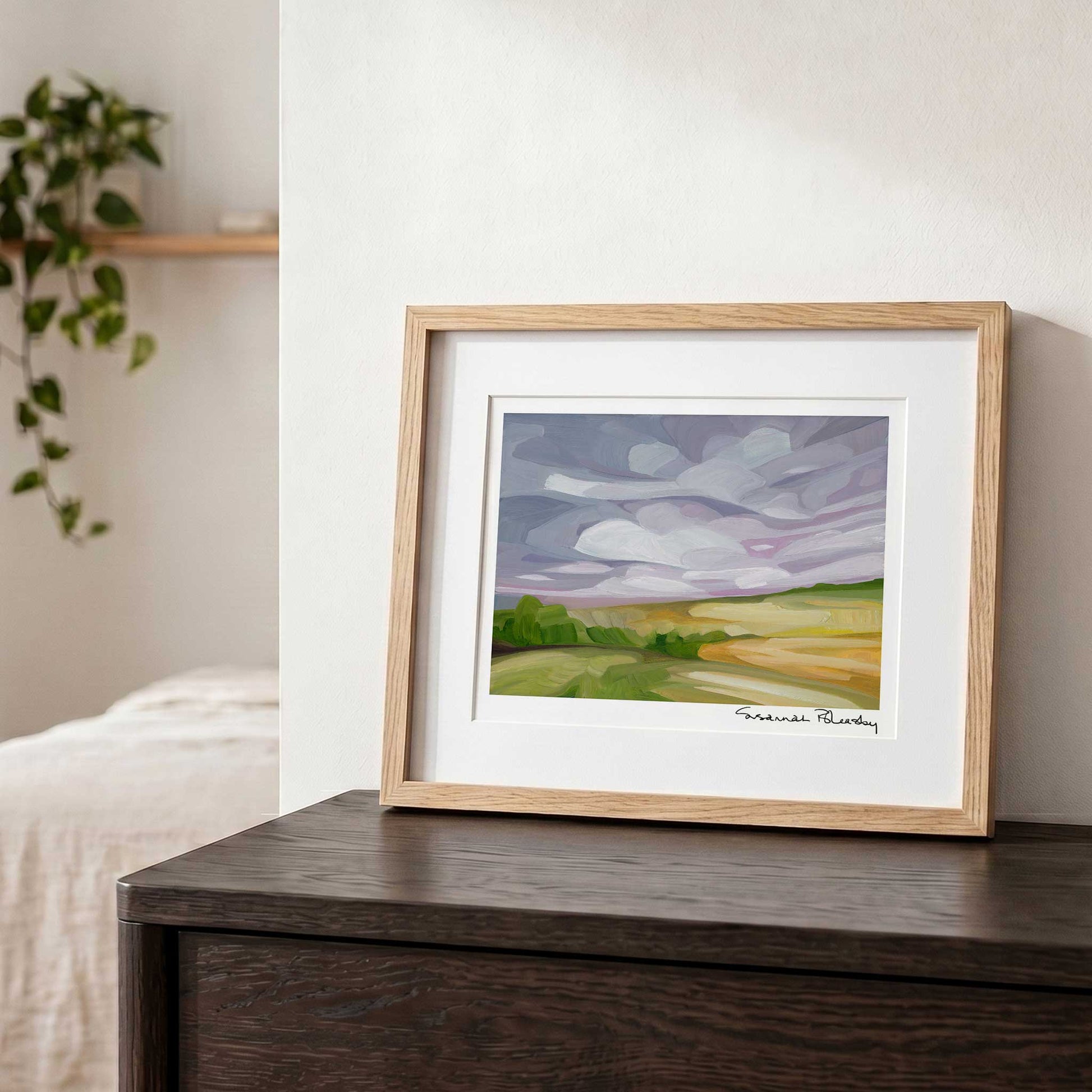 Contemporary sunset wall art featuring soft brushstrokes, lavender clouds and a peaceful evening landscape