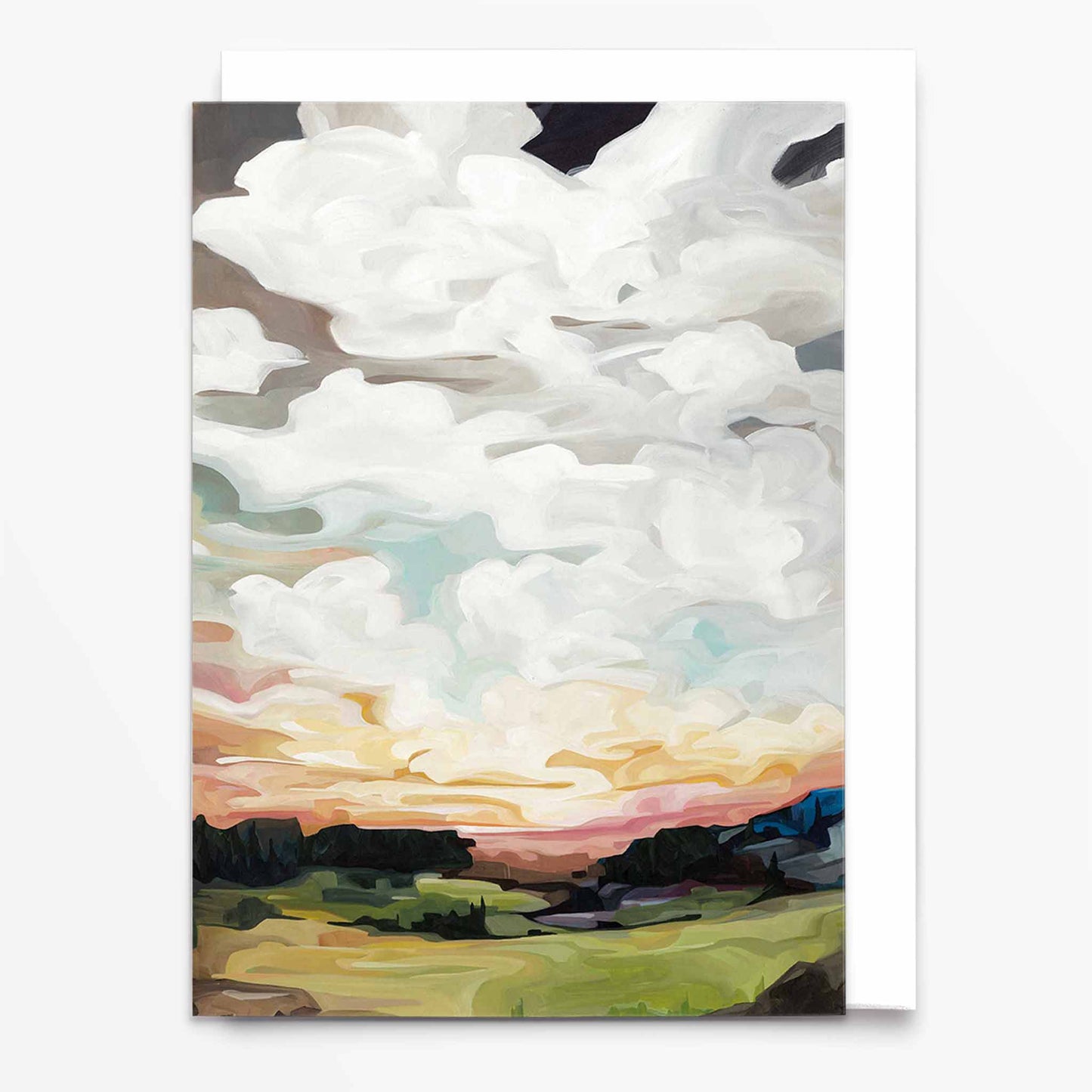 Landscape art card with warm autumn sky in peach and caramel tones