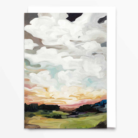 Landscape art card with warm autumn sky in peach and caramel tones
